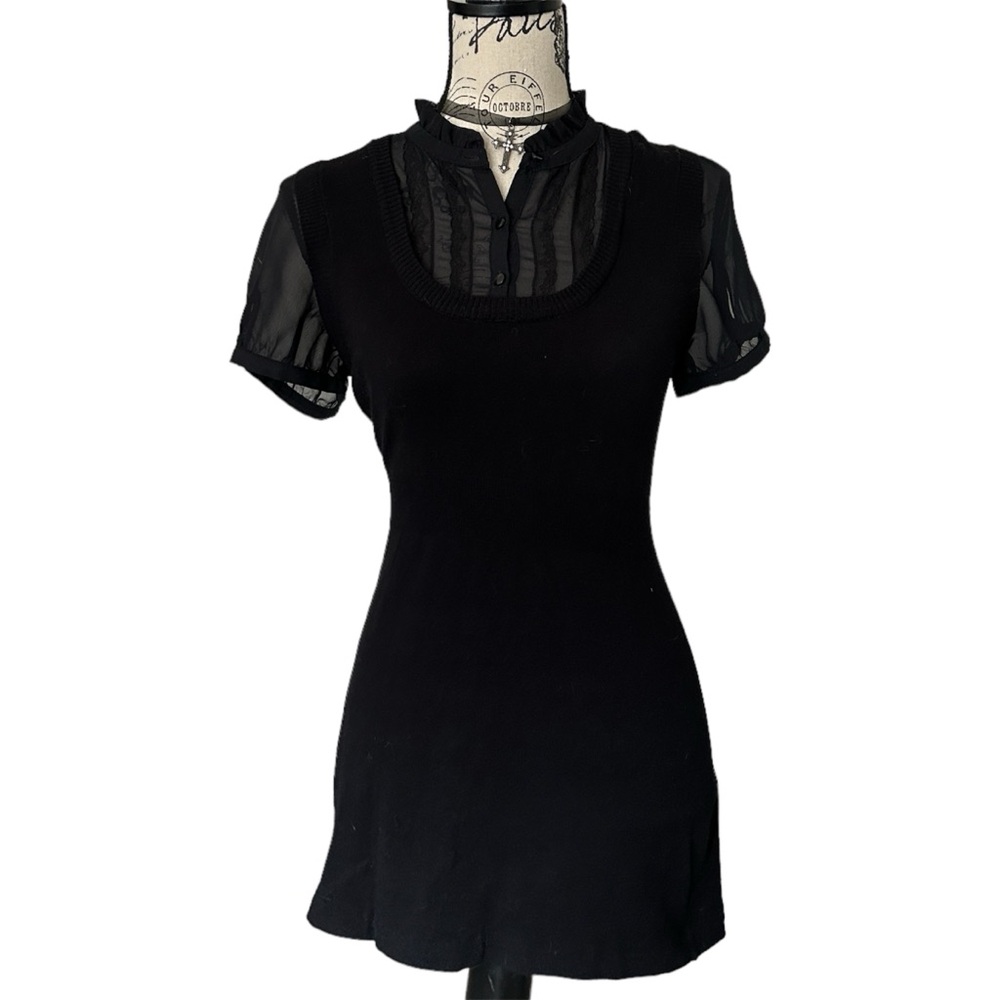 Y2K or Coquette Dynamite Black Knit Layered Lace Trim and Mesh Mini Dress/Tunic - Picture 2 of 6